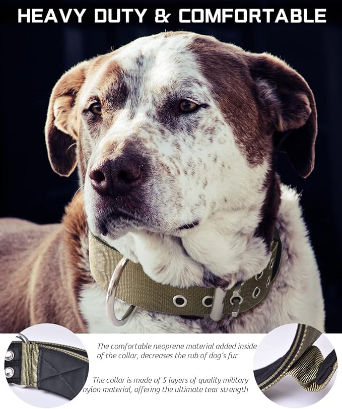 Large Dog Collar Heavy Duty- 2 inches Wide Tactical Dog Collar with Handle for Gaint Dogs, Extra Strong Nylon with Stainless Hardware, Military Green 22"-27"