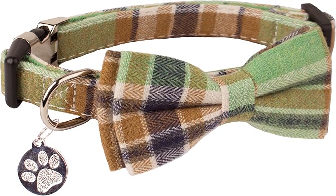 ADOGGYGO Plaid Dog Collar with Detachable Bowtie, Adjustable Soft Green Plaid Collars for Small Medium Large Dogs Pets (Medium)