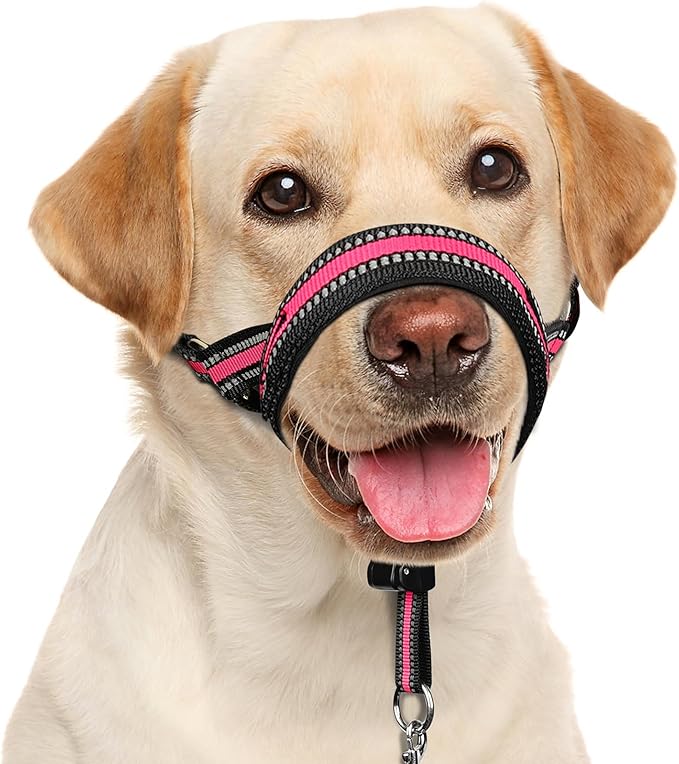 BARKLESS Soft Dog Head Collar, Patented Padded No Pull Head Halter, Training Nose Leash with Safety Link for Medium Large Dogs, Adjustable Muzzle Leash, Easy Control for Walking(Pink, L)