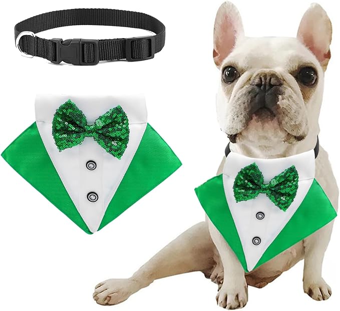 St.Patrick's Day Dog Tuxedo Bandanas Costume Pet Green Irish Outfits Adjustable Saint Patrick's Day Dog Scarf Bow Tie Collar for Large Dogs Cats Cosplay Party Dress Doggie Bibs (Grenn, Medium)