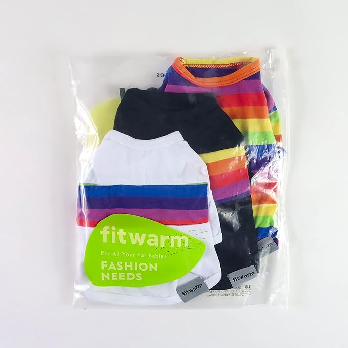 Fitwarm 3 Pack Rainbow Striped Dog Shirt, Dog Summer Clothes for Small Dogs Boy Girl, Breathable Lightweight Pet Tshirt with Sleeves, Cat Outfit, White, Black, Multicolored, XXL