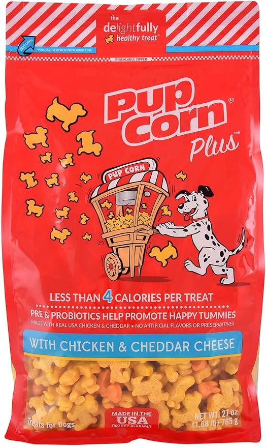 Pup Corn Plus - Puffed Dog Treats with Prebiotics and Probiotics - Chicken & Cheddar Cheese (24oz) - Made in USA