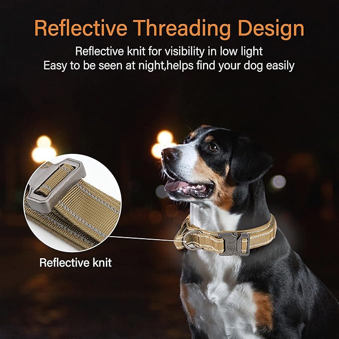 KCUCOP Tactical Dog Collar for Medium & Large Dogs - Military Nylon Heavy Duty Collar with Handle, Reflective Strip & Metal Buckle for Training, Outdoor (Brown Reflective, Medium)