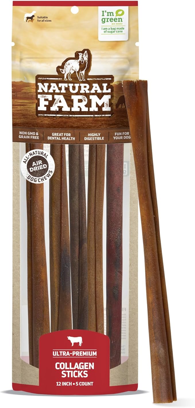 Natural Farm Collagen Dog Chews (12 Inch, 5 Pack), Odor-Free Long Lasting Bully Sticks & Rawhide Alternative Dog Treats, 95% Collagen Low Fat, High Protein ā Medium & Large Dogs