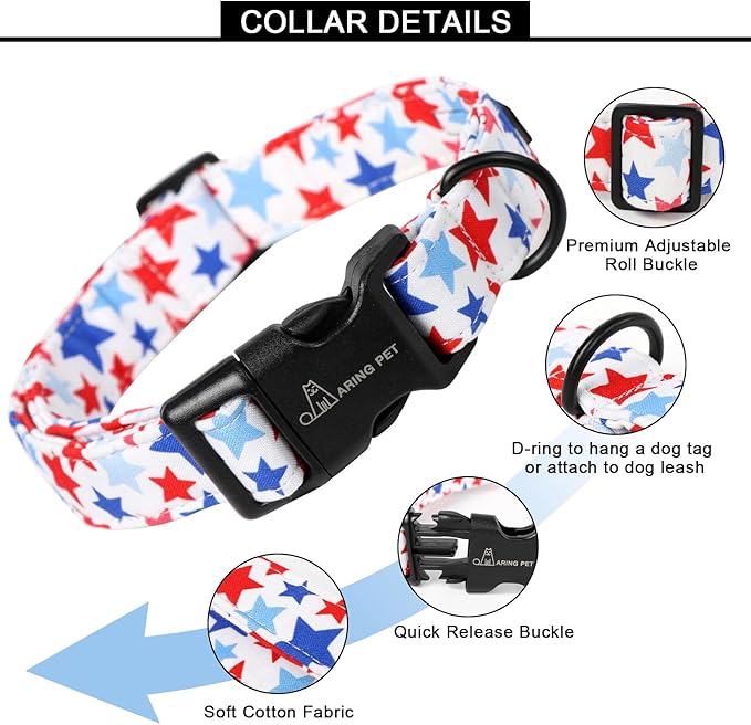 ARING PET 4th of July Dog Collar-Cotton Patriotic Dog Collars, Adjustable American Puppy Collars with Quick Release Buckle