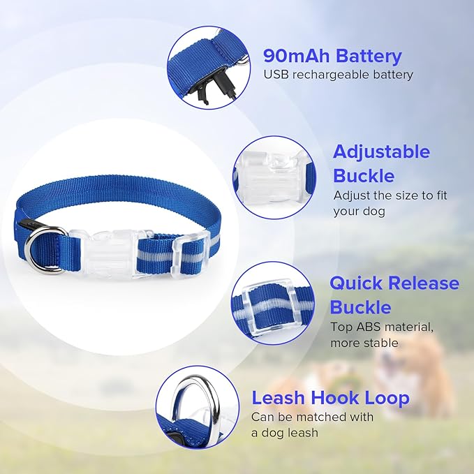 Led Dog Collar for Night Walking,Rechargeable Light Up Dog Collar Led Color,Glow in The Dark Dog Collars Waterproof for Small Medium Large Dogs(Blue, Medium)
