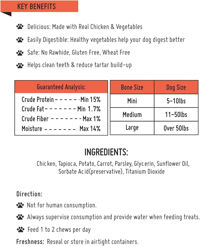 Premium Dog Chew Bones, Made with Real Chicken, Rawhide Alternative, Made with Limited Ingredients, Highly Digestible (Mini 18pcs/Pack)