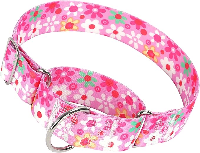 Wide Pink Martingale Collar for Dogs,1.5 Inches Martingale Collar with Flowers Pattern,No Slip Dog Collar Perfect for Training,Walking, Hunting(Pink Flowers M)
