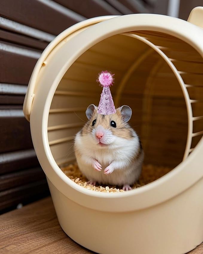 PET SHOW 10 Pack Hamster Hats Tiny Hats for Snakes Hedgehog Lizard Reptile Mini Animal Figure Hats with Tinsel Pom Adjustable Headband Guinea Pig Chicken Bird Small Pet Birthday Party Accessories