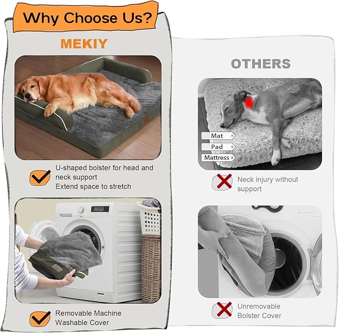 Large Dog Bed Orthopedic Washable - XXL Large Big Dogs - Waterproof with Removable Cover - Memory Foam - Beds Bolster Pet - Dogs Couch Sofa Bed - Dark Green Dog Beds