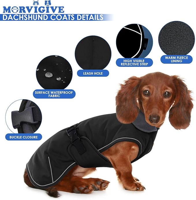 Windproof Waterproof Dog Coat for Dachshund -Black,XSmall- Miniature Dachshund Clothes, Small Dog Coat with Harness Built in, Reflective Dachshund Jacket with Buckle Closure