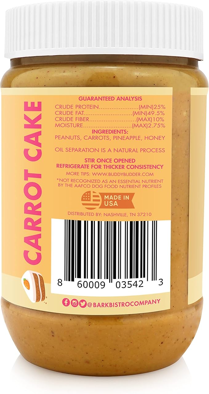 BUDDY BUDDER Carrot Cake, 100% Natural Healthy Peanut Butter Dog Treats, Stuff in Toy, Dog Pill Pocket, Made in USA, (17 oz Jars)