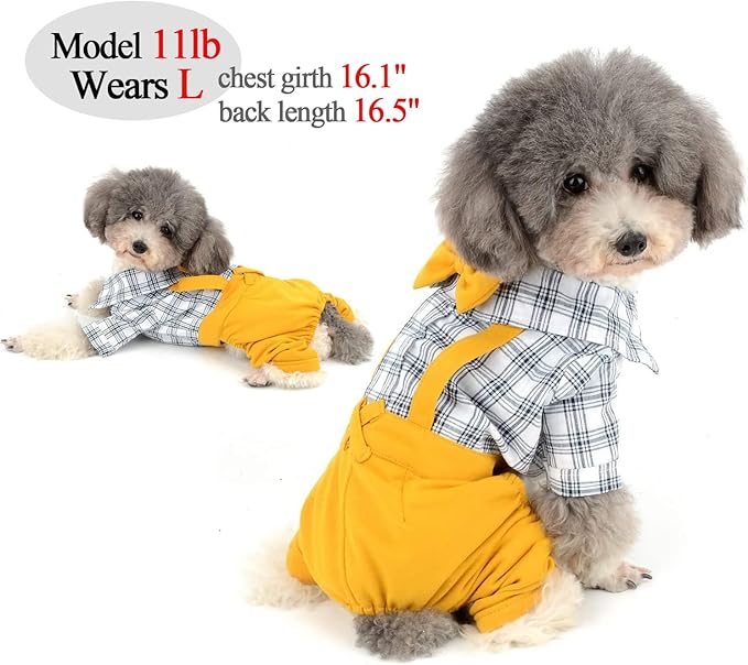 Dog Shirts Clothes Striped Onesies, Pet Plaid Overalls Apparel, Puppy Costumes Classic Black and White Jumpsuit with Bowtie for Small Medium Dogs Cats Boy Girl Wedding/Party (X-Small, Yellow)