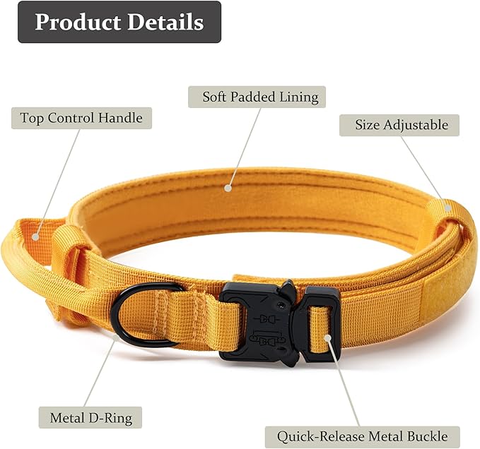 Tactical Dog Collar, Adjustable Military Training Nylon Dog Collar with Control Handle and Heavy Quick-Release Metal Buckle for Small Medium Large Dogs, Yellow XXL