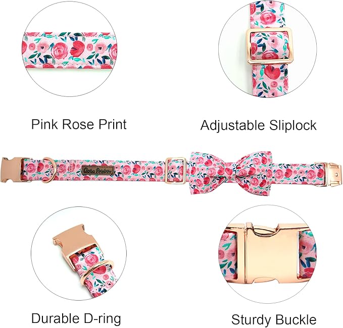 Dog Collar Pink Flowers Print Girl Cute Puppy Collar with Bow Adjustable Metal Buckle Collar Gift Collars for Medium Dogs