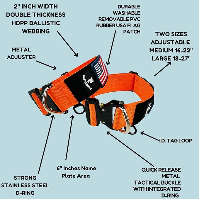 Tactical Dog Collar 2 Inch Wide Thick Heavy Duty Military Style with Metal Buckle, Adjustable for Medium - Large Breeds, Durable K9 Training Gear with Patch Area, USA Flag Patch, Strong and Secure Fit
