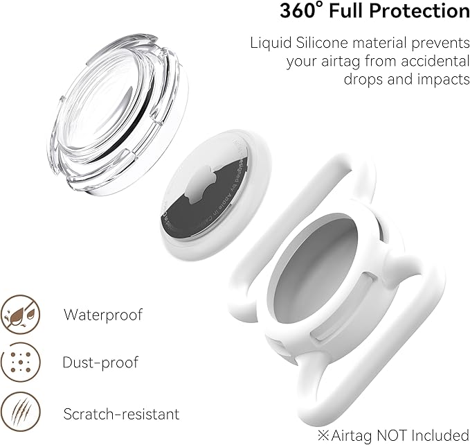 Waterproof Airtag Holder for Dog Collar, Soft Full-Body Protective Airtag Holder for Dog & Cat Collars, Ultra-Durable, Easy Installation, Lightweight Clear Airtag Case (White, Large)