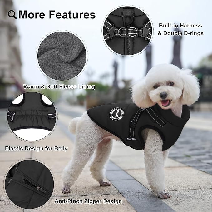 Warm Winter Coat, Waterproof Windproof Jacket, Reflective & Adjustable Black Pet Vest with Harness, Thick Polar Fleece Lining Cozy Apparel for Small Medium Dogs & Cats