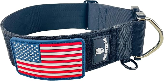 Tactical Dog Collar 2 Inch Wide Thick Heavy Duty Military Style with Metal Buckle, Adjustable for Medium - Large Breeds, Durable K9 Training Gear with Patch Area, USA Flag Patch, Strong and Secure Fit