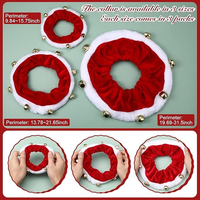 3 Pcs Christmas Jingle Bell Dog/Cat Collars Buckle Festive Christmas/Holiday Plush Neckwear for Xmas Dog Cat Outfit Pet Stretchable Scrunchy Costume Accessory Soft Collar with Bell(Medium)