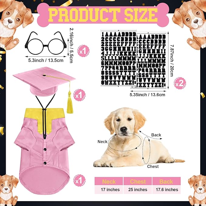 5 Pcs Dog Graduation Costume Set Include 2025 Pet Graduation Gown with Stole Puppy Grad Cap Lensless Glasses DIY Letter Stickers for Dogs Cats Holiday Costume Accessory(Pink Yellow,L)