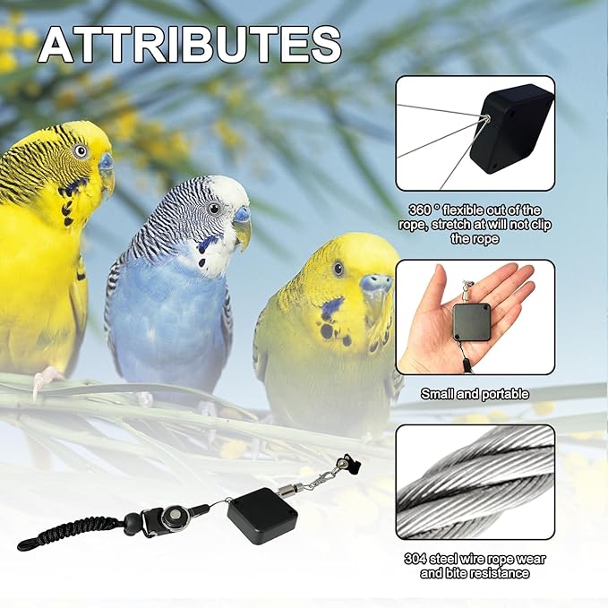 Bird Leash,Bird Harness,Retractable Anti-Bite Parrot Harness,with 3 Different Sizes of Soft Foot Ring,for Birds Outdoor Flight Training,for Budgies,Cockatiels,Psittacula Longicauda,Mini Macaws,6.5Ft