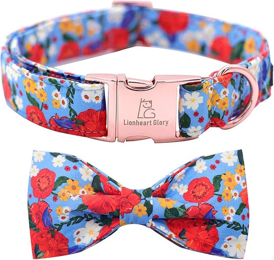 Lionheart glory Floral Print Dog Collar Adjustable Soft Dog Collar with Bowtie, Girl Pet Collars for X-Small Small Medium Large Dogs