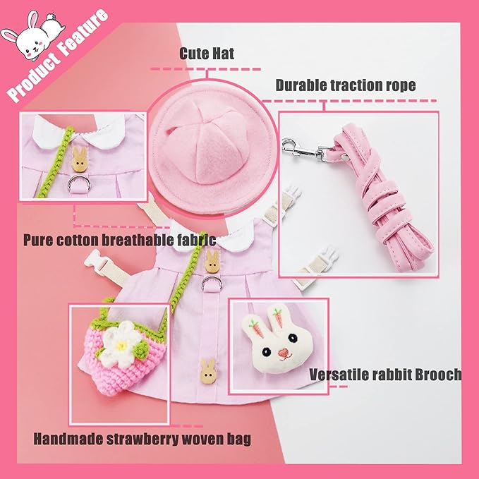 Guinea Pig Clothes,Soft Bunny Ferret Clothes with Pet Rabbit Harness and Leash Mini Hat Bag Cute Brooch for Kitten Small Animal Collars