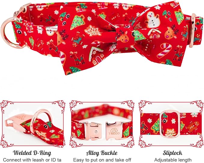 Tunkoo Christmas Dog Collar with Elegant Bow Tie Soft Comfy Cotton Adjustable Collar, Premium Metal Buckle for Puppy and Cat Small Medium Large (Christmas C, L)