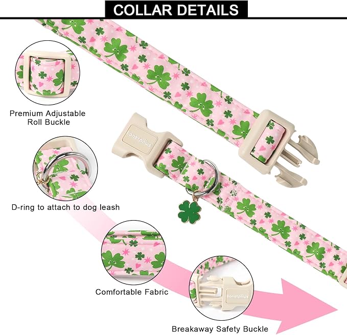 Lionet Paws St. Patrick Dog Collar- Cute Clover Pink Dog Collars with Plastic Buckle, Light Adjustable Dog Collars with Clover Pendant for Medium Dogs