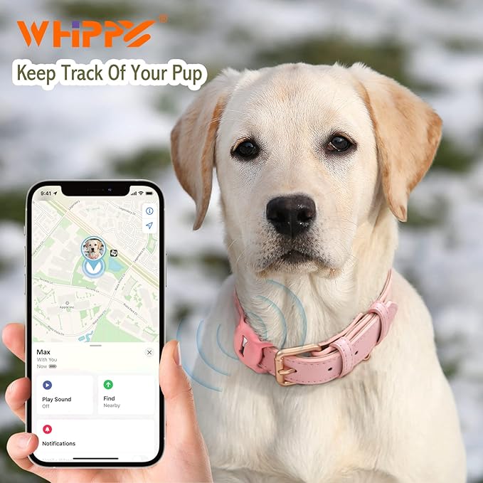 WHIPPY Airtag Leather Dog Collar GPS Tracker Air Tag Puppy Collar Adjustable Soft Leather Padded Dog Collar with Airtag Holder Case for Small Medium Large Dog Pet Backpack,Pink,XS