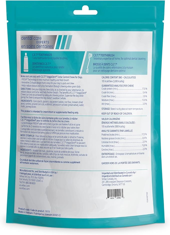 Virbac CET Veggiedent FR3SH Tartar Control Chews for Large Dogs Over 66 Pounds, Plant-Based Formula, 30 Count Bag