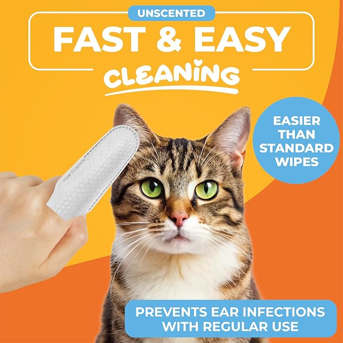 Dog & Cat Ear Cleaner Wipes – Pet Finger Wipes for Cats & Dogs – Cleaning, Soothing, and Deodorizing Itchy Ears – Ear Relief Solution Wash - Unscented