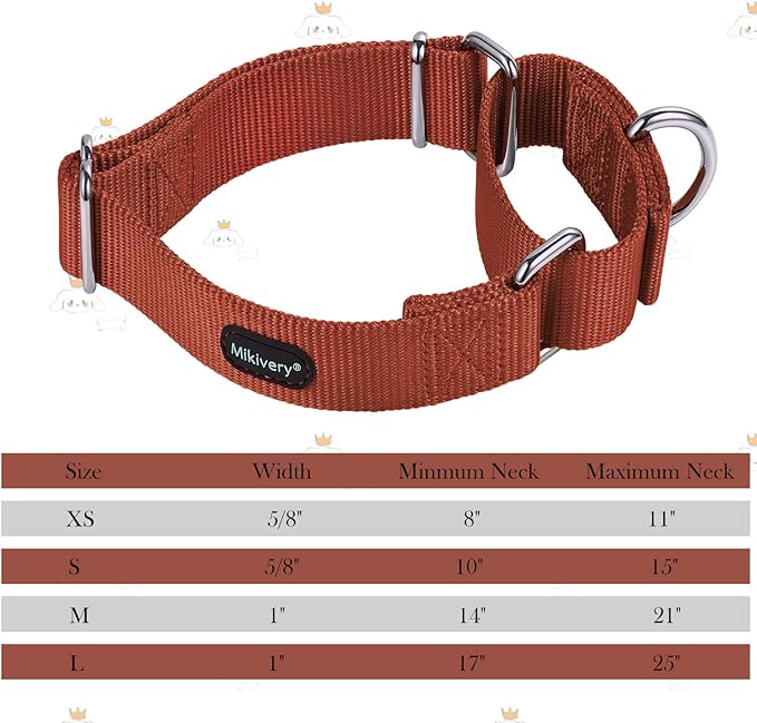 Mikivery Martingale Dog Collar Nylon Adjustable and Safety Training Brick Red Caramel Comfortable Metal Buckle Pet Collars for Small Medium and Large Dogs