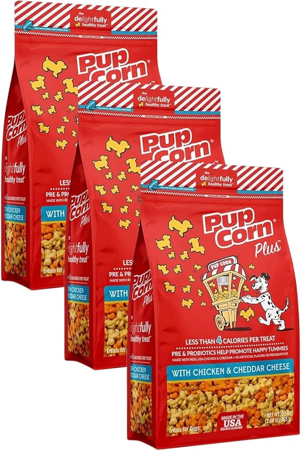 Pup Corn Plus - Puffed Dog Treats with Prebiotics and Probiotics - Chicken and Cheddar Cheese (4oz) - Made in USA (Pack of 3)