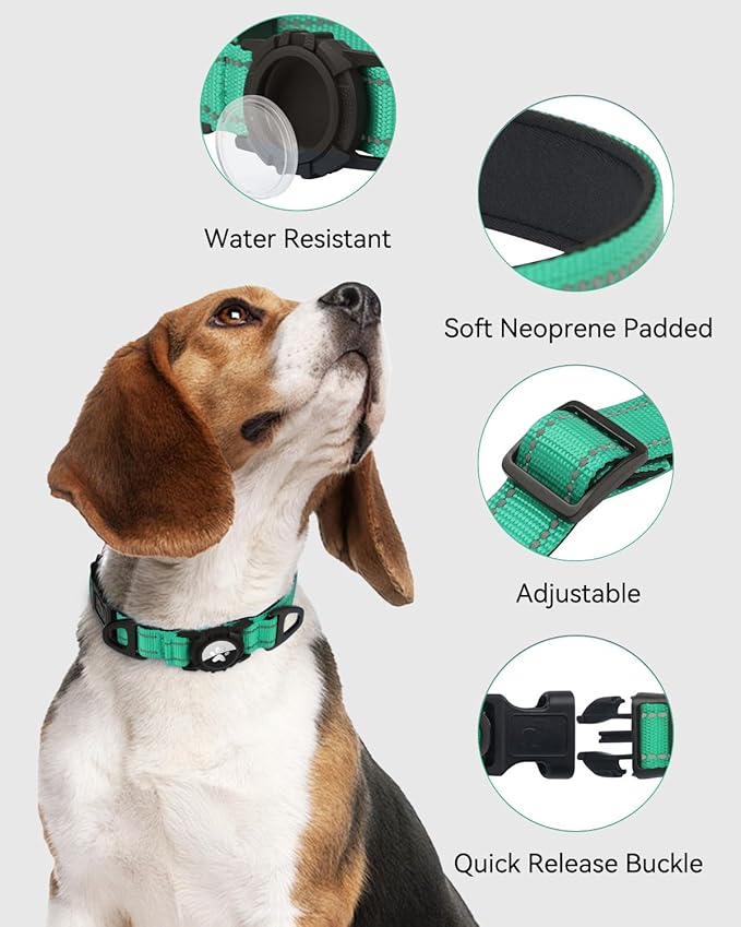 Joytale Airtag Dog Collar, Dual D-Rings, Reflective Pet Collar with Waterproof AirTag Holder, Soft Padded Adjustable for Medium Dogs, Teal, M