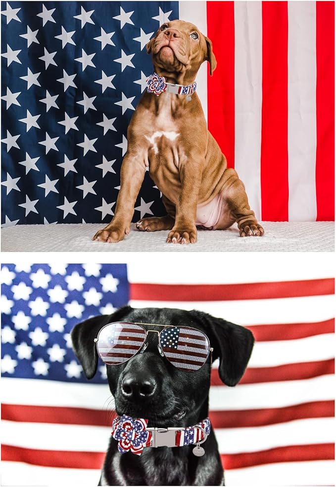 Dog Collar with Flower, 4th of July Comfortable Cotton Dog Collar, American Flag Collar for Medium Girl Dog, Patriotic Flower Collar with Metal Buckle, M