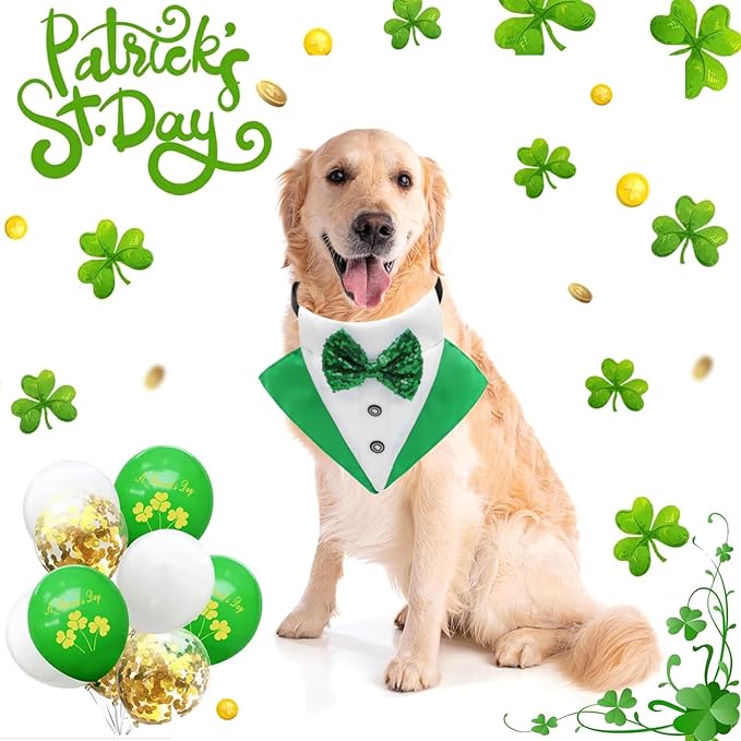 St.Patrick's Day Dog Tuxedo Bandanas Costume Pet Green Irish Outfits Adjustable Saint Patrick's Day Dog Scarf Bow Tie Collar for Large Dogs Cats Cosplay Party Dress Doggie Bibs (Grenn, Small)