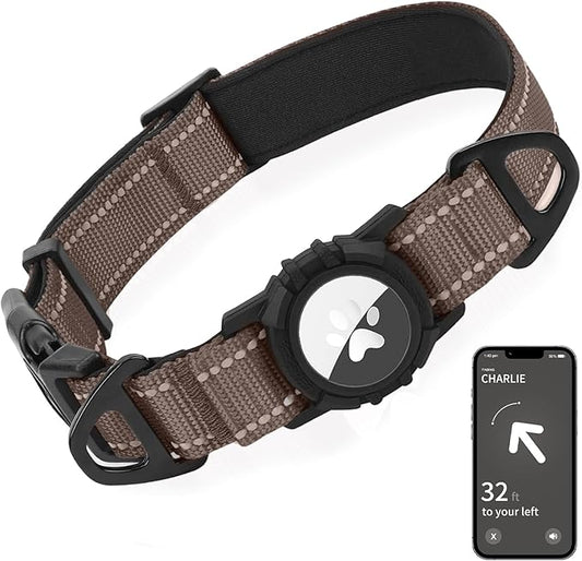 Joytale Airtag Dog Collar, Dual D-Rings, Reflective Pet Collar with Waterproof AirTag Holder, Soft Padded Adjustable for Small Dogs, Brown, S