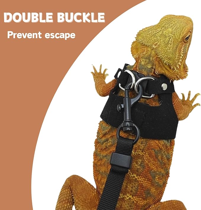 Bearded Dragon Harness and Leash Set, Adjustable Harness Soft Leather-3 Sizes (S, M, L) with Leash, Lizard Reptile Traction Rope Walking Vest Accessories for Bearded Dragon, Iguana or Gecko (Black)