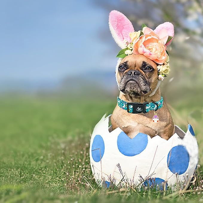 Elegant little tail Easter Dog Collar, Cute Rabbit Pattern Pet Collar Durable Holiday Girl or Boy Adjustable Cotton Pet Collar with Quick Release Buckle for Small Dogs
