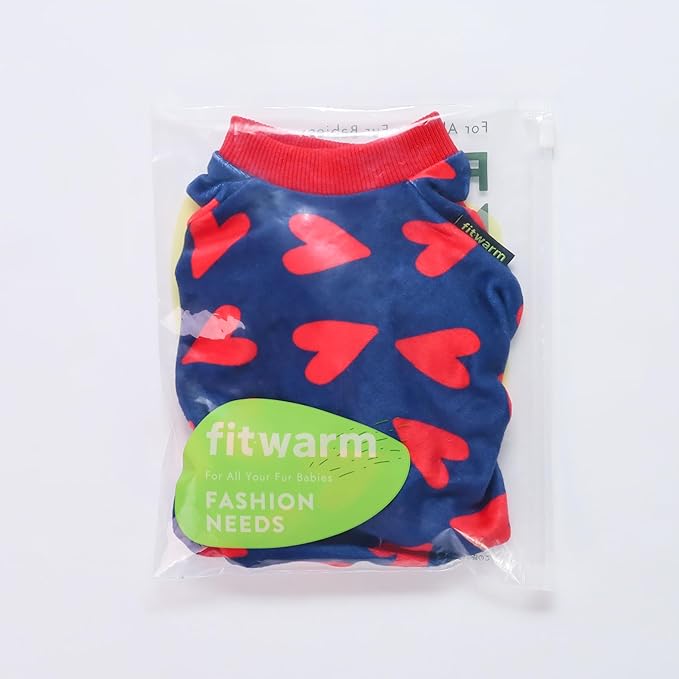 Fitwarm Valentines Day Sweet Hearts Dog Pajamas, Dog Winter Clothes for Small Dogs Girl Boy, Lightweight Velvet Pet Jumpsuit, Cat Onesie, Dark Blue, Red, XS