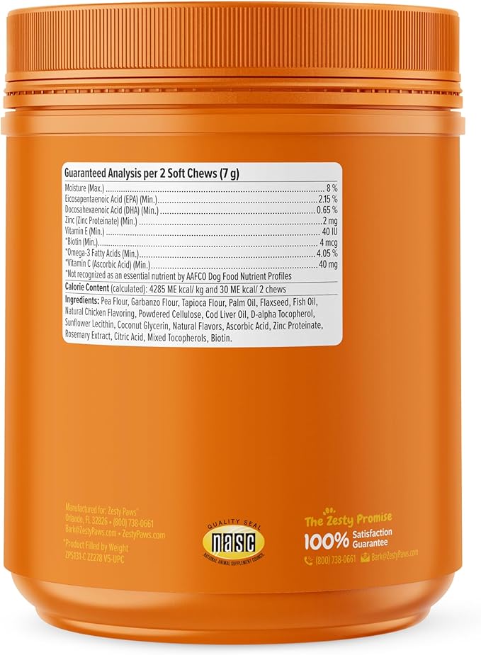 Zesty Paws Omega 3 Fish Oil for Dogs - Zesty Paw Dog Vitamins and Supplements for Hip, Joint & Skin, Chicken (250 Chews)