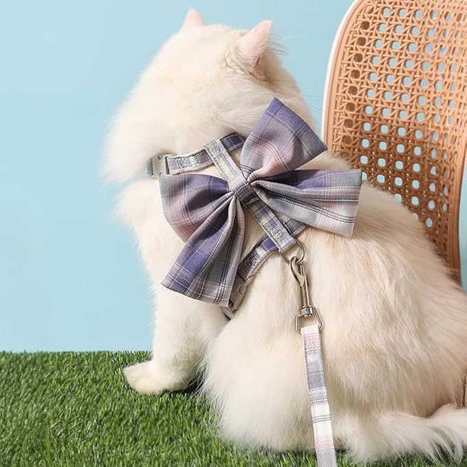 Cat Harness and Leash Set for Safe Walking, Bow Tie Cat Collar Harness, Adjustable Soft Travel Kitten Harness for Small Medium Large Cats (Purple Bow-M)