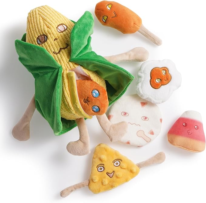 Nocciola Squeaky Crinkle Corn Dog Toys: Plush Stuffed Yellow Pet Chew Toys for Small Medium Breeds Teething, Cute Interactive Cognitive Burrow Digging Hide and Seek Puzzle Puppy Supplies, 7 Packs