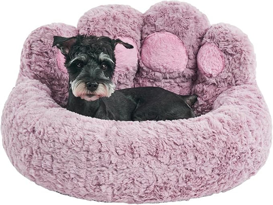 Jiupety Paw Shape Calming Pet Bed, Plush Faux Fur Donut Bed for Dogs & Cats, Machine Washable, Non-Slip Bottom, Large Size (26"×26"×8"), Purple
