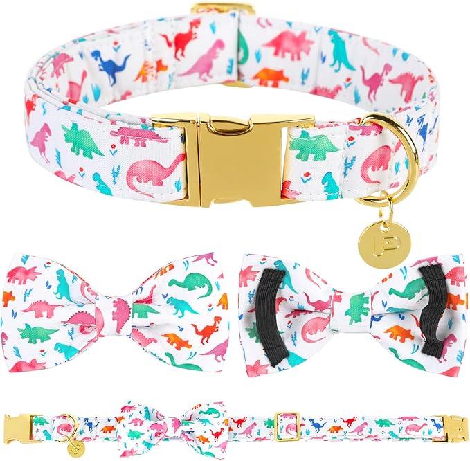 Bow Tie Dog Collar, Dinosaur Adjustable Comfortable Cotton Dog Collar with Bowtie, Metal Buckle Dog Bowtie Collar for Large Girl Boy Dog, L