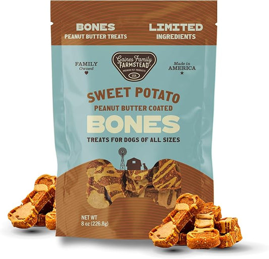Gaines Family Farmstead Sweet Potato & Peanut Butter Dog Bones – 8 oz, Grain-Free, All-Natural Dog Treats for Digestion, Skin, Energy & Immunity – Limited Ingredient, Made in USA