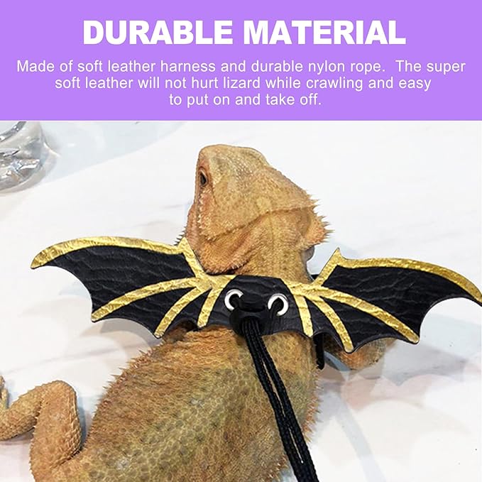 3-Size Reptile Harness & Leash Set for Bearded Dragons, Soft Leather Wing Design (Black), Detachable & Adjustable
