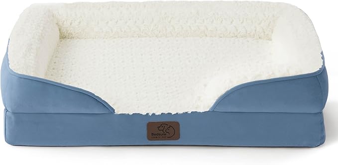 Bedsure Small Orthopedic Dog Bed - Calming Dog Sofa for Small Dogs with Luxurious Short Plush, Pet Couch Bed with Removable Washable Cover, Waterproof Lining and Nonskid Bottom, Faded Denim